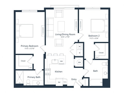 Floor plan for 2 beds, 2 baths, 1071 sqft